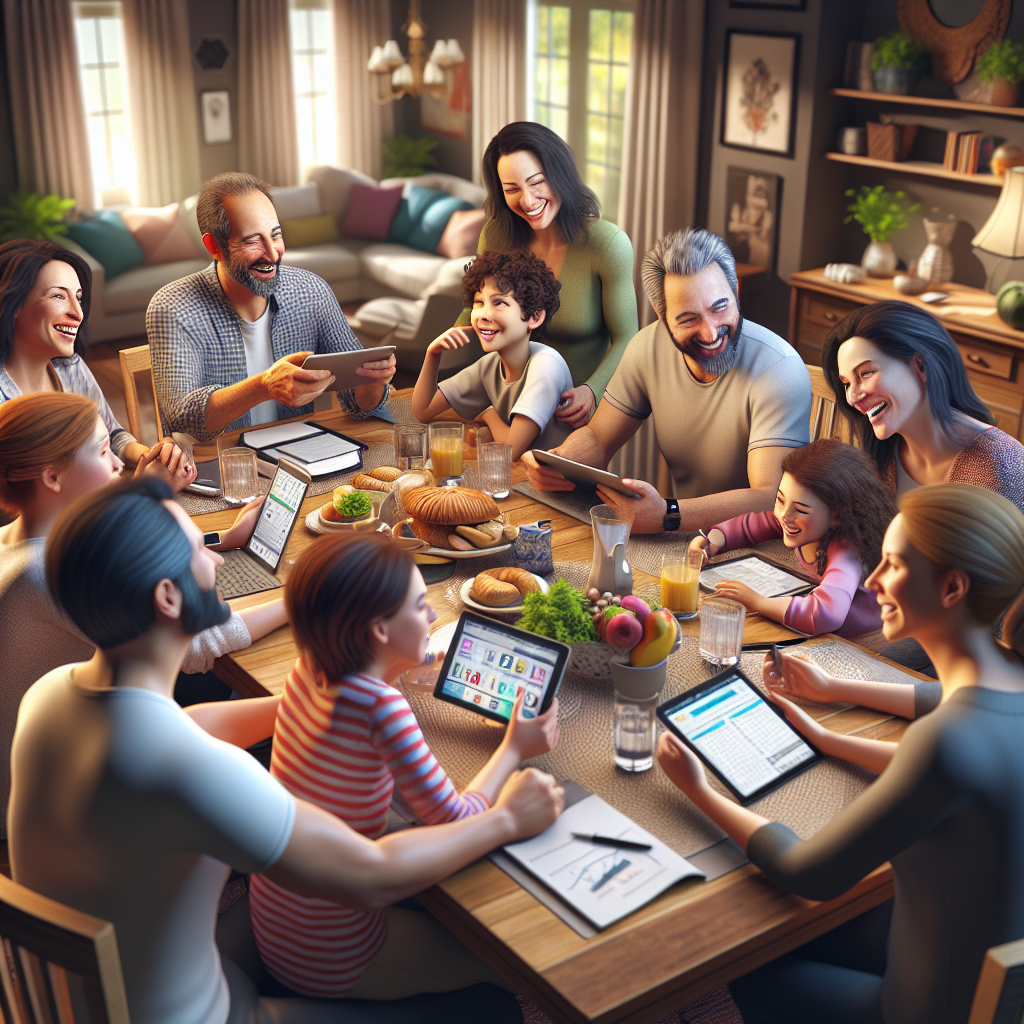 Familie rundt et spisebord som snakker og smiler, blanding av digitale enheter og planleggingsverktøy, varm og innbydende belysning, realistisk stil