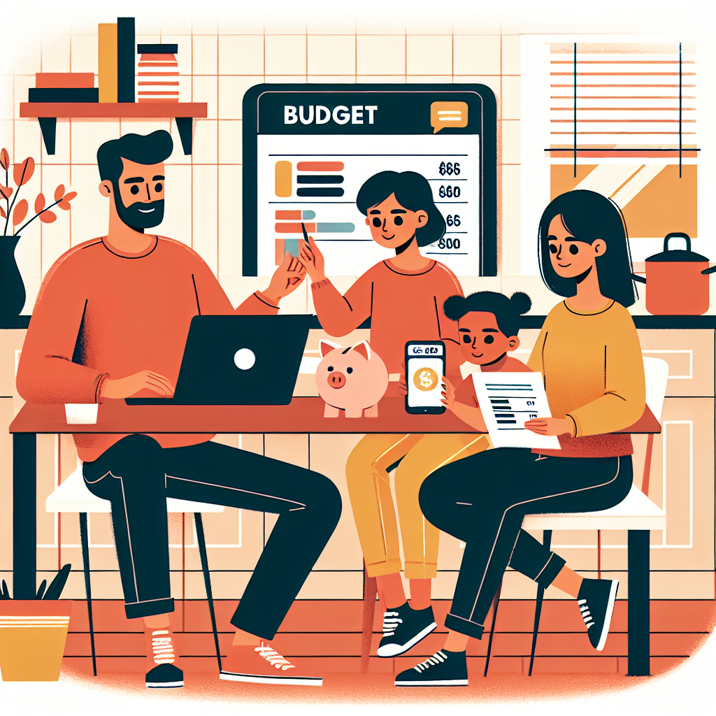 Moderne illustrasjon av personlig økonomi: familie ved kjøkkenbordet med laptop, sparegris, budsjettark og mobilbank, flat design, varme farger